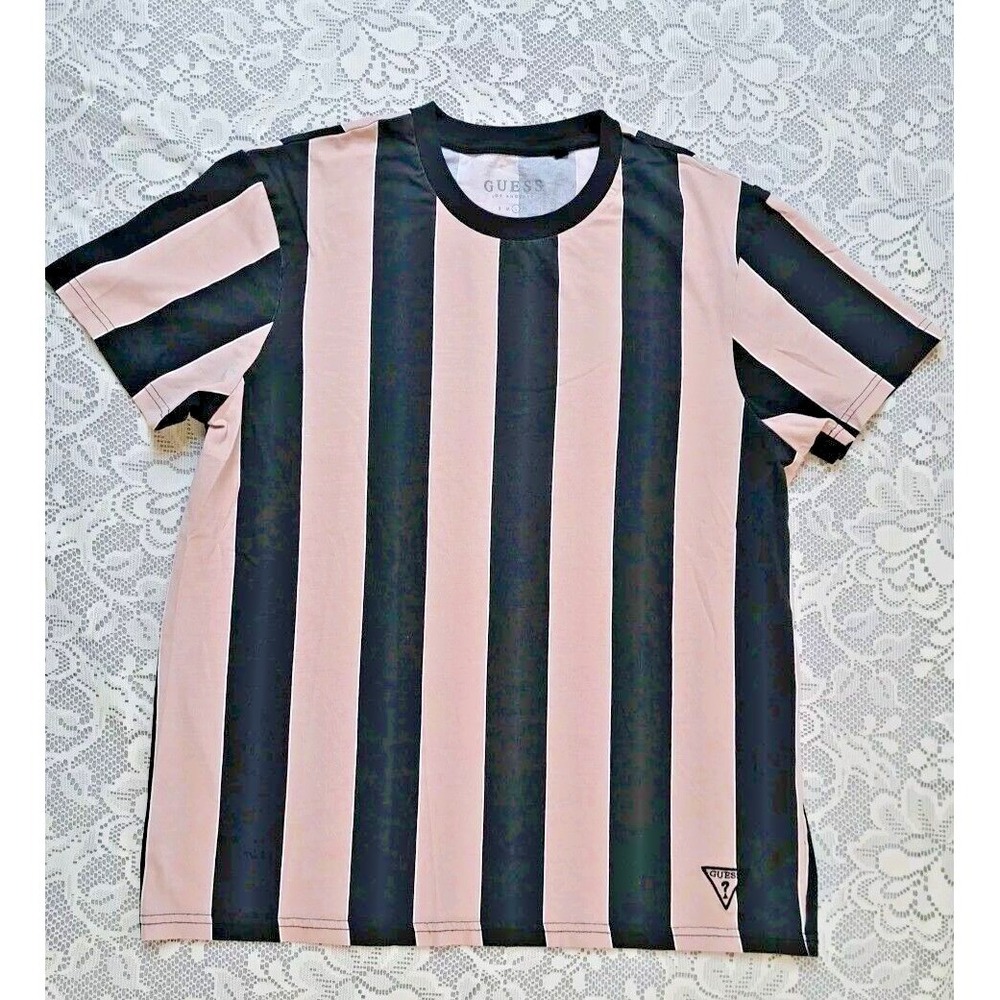 Guess T-shirt Men's Size L Pink/ Black Stripped Short Sleeves Pullover Pre-owned - Picture 1 of 7